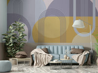 Bold mid-century modern abstract mural with vibrant colors.

