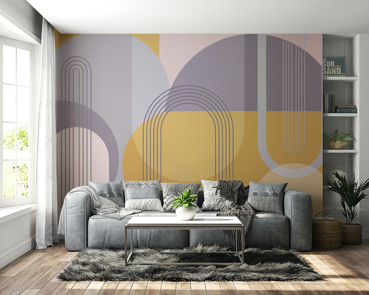 Mid-century modern abstract wall mural with clean lines and color.

