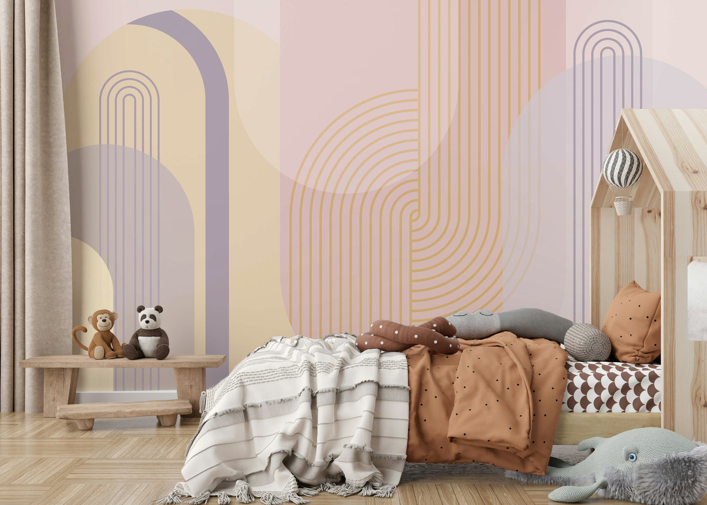 Gentle arches mural with neutral shades for a serene ambiance.

