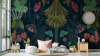 Enchanted garden mural in deep greens and soft blues for any room.

