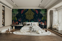 Enchanted night garden mural with lush foliage and peaceful vibes.

