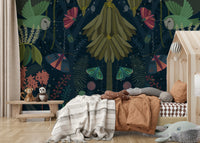 Lush green garden mural with flowers under a serene night sky.

