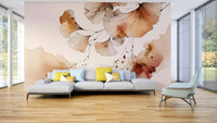 Elegant mural featuring ginkgo tree leaves in soft golden tones.

