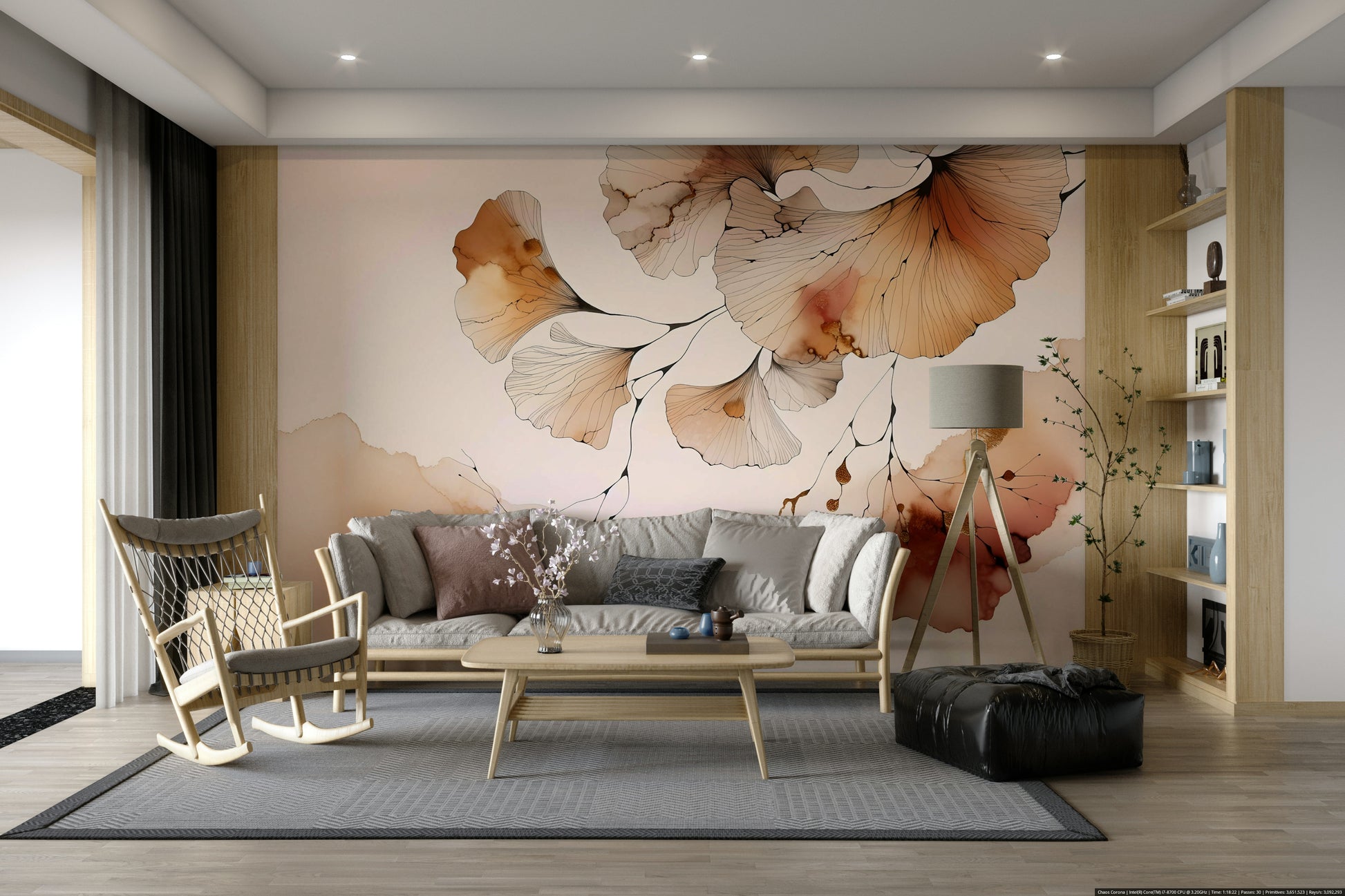 Elegant autumn mural with ginkgo leaves in golden amber for tranquil spaces.

