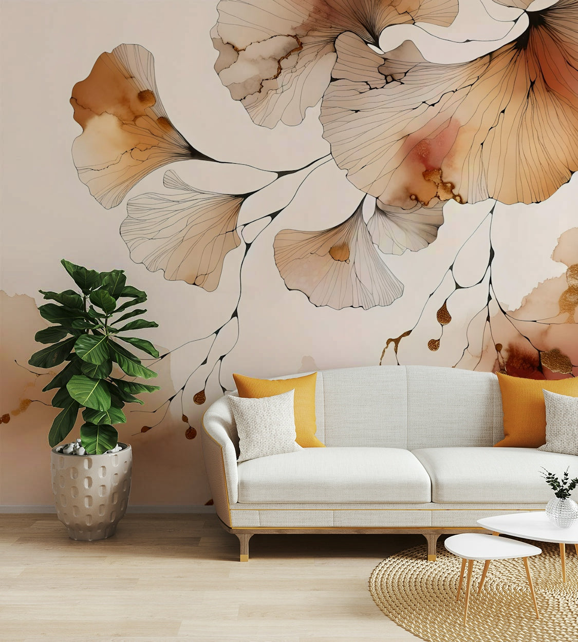 Warm, golden ginkgo leaves design for a peaceful, natural ambiance.

