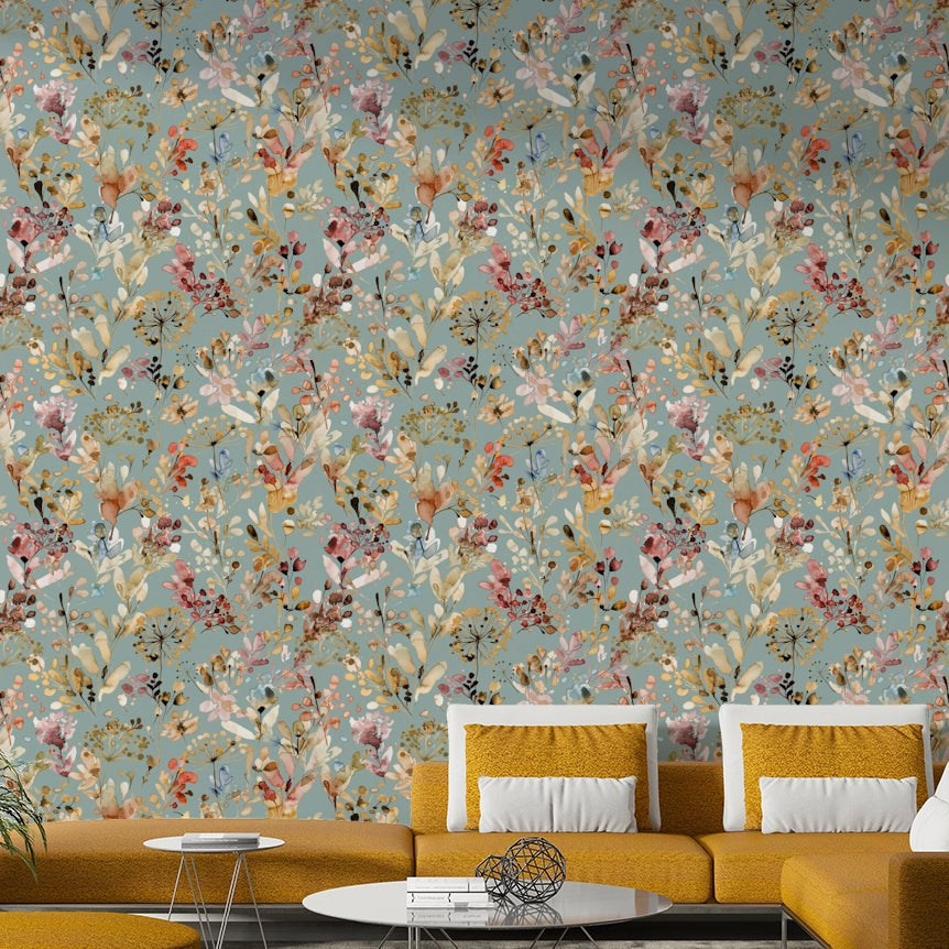 Wild Grasses Vintage Gold Teal Wallpaper⁠