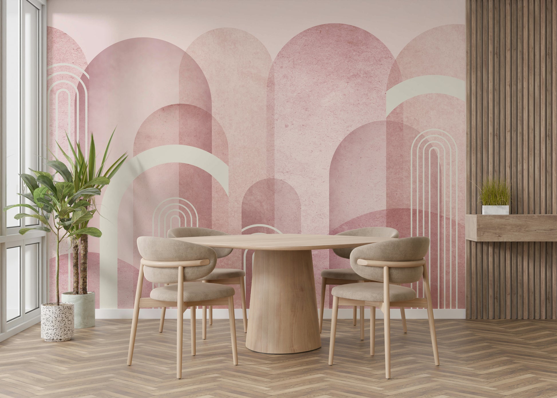 Subtle blush pink arch wallpaper for a chic home decor

