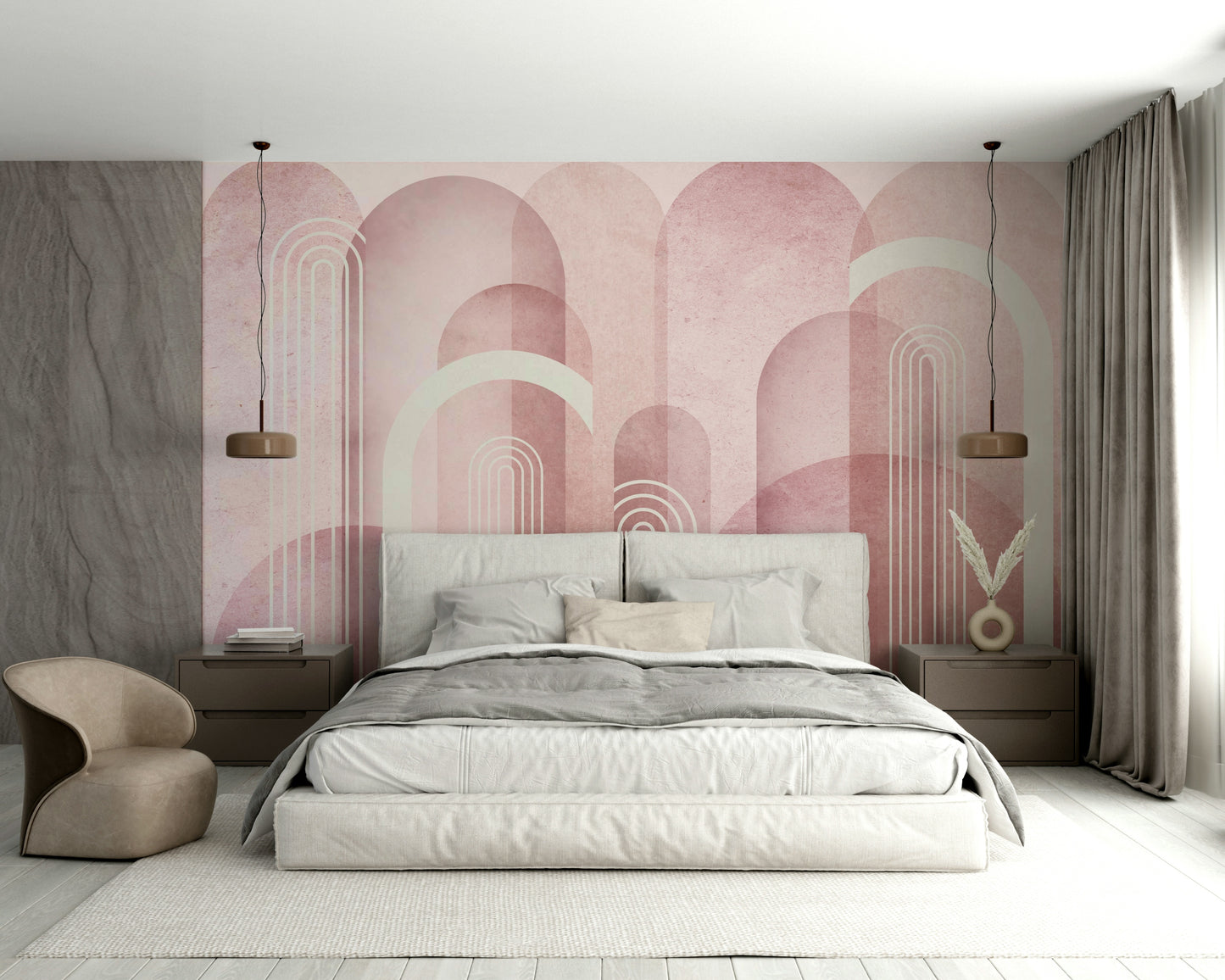 Elegant archways design mural in blush pink tones

