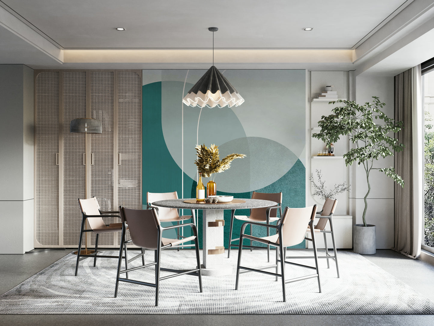 Soft teal arches wallpaper for dynamic interior design

