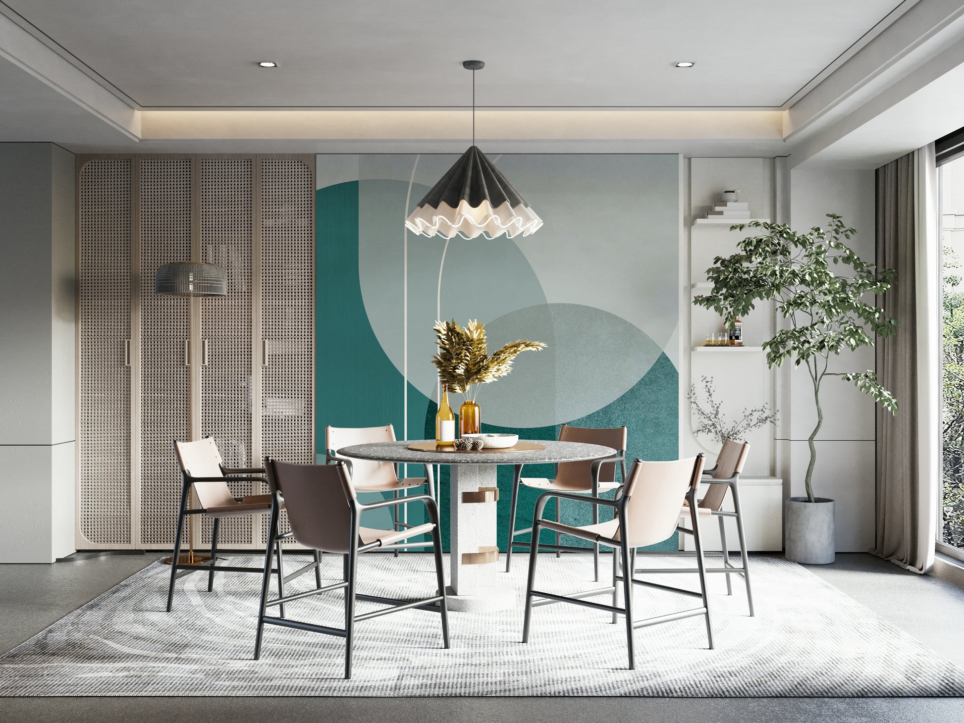 Soft teal arches wallpaper for dynamic interior design

