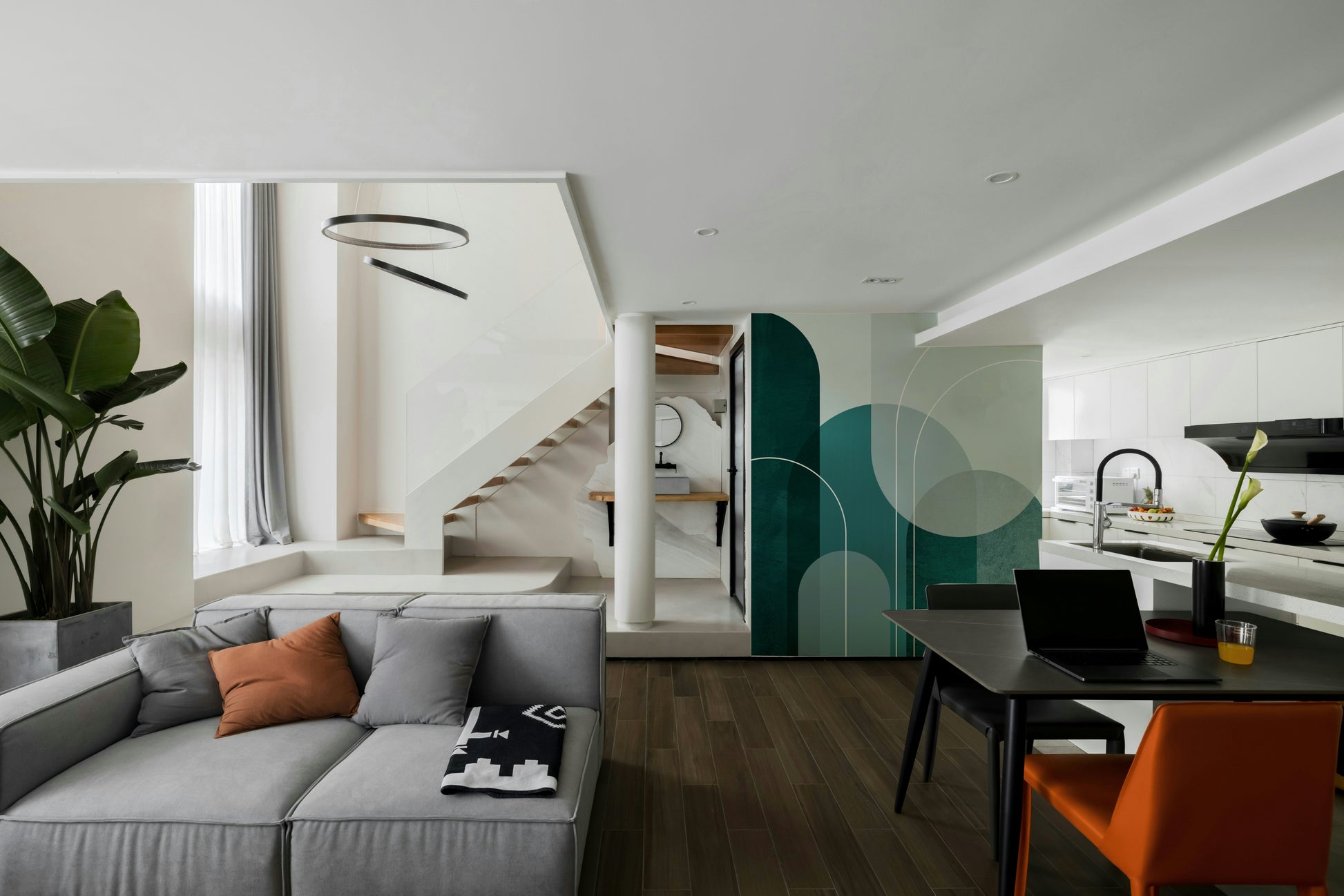 Bold teal arches wallpaper for modern spaces

