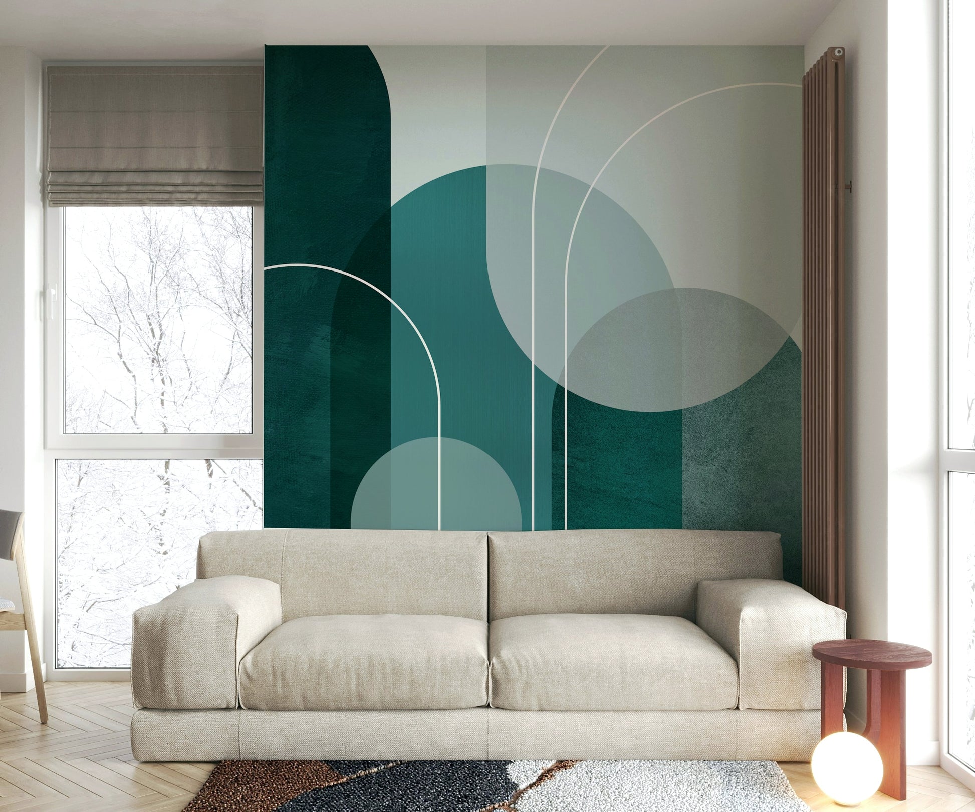 Teal and white geometric arch wall mural for living rooms

