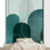 Teal and white geometric wall mural with arch design

