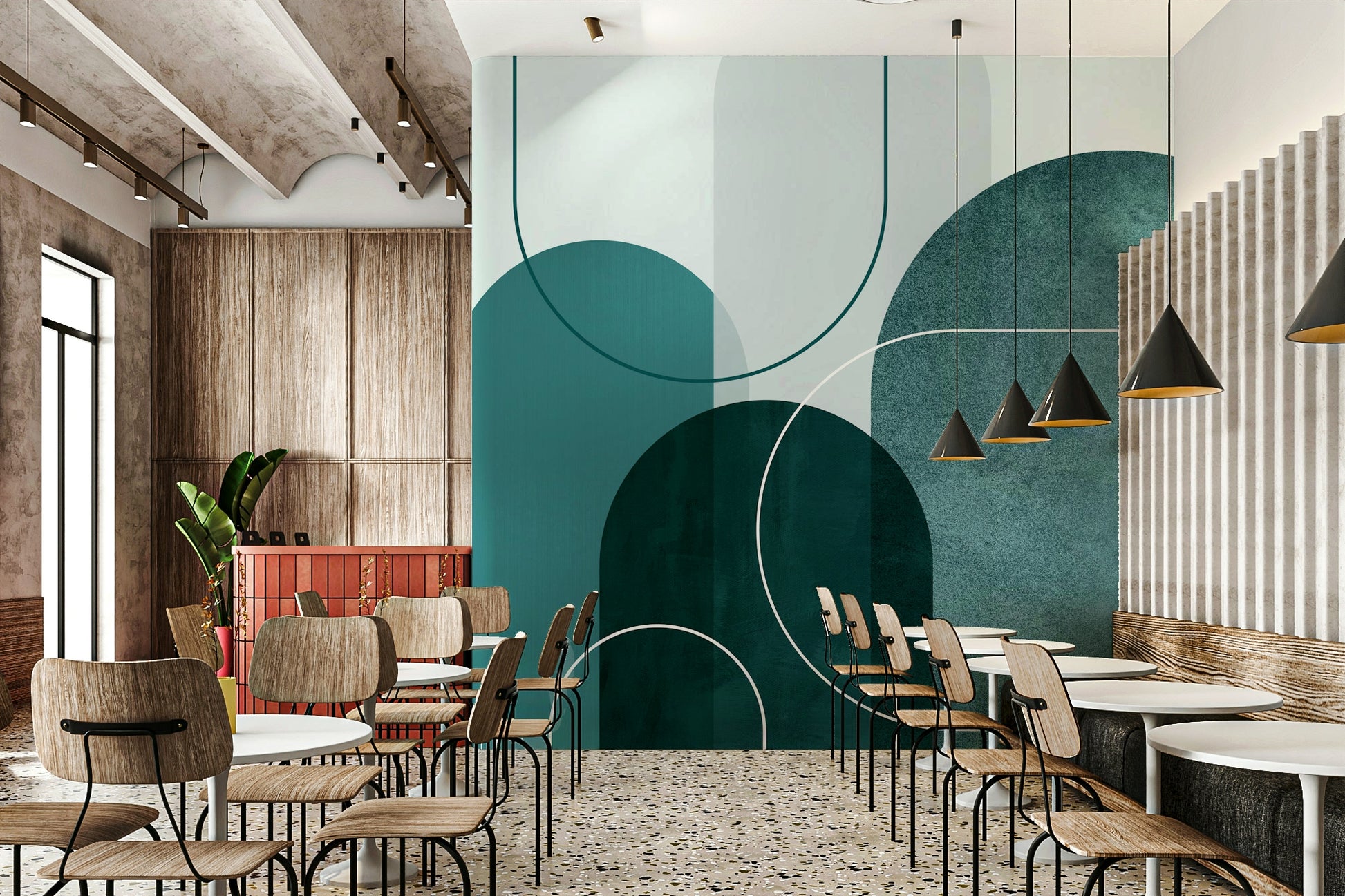 Modern geometric design wallpaper with teal arches

