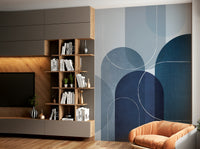 Mid-century inspired blue linen wall mural for home office

