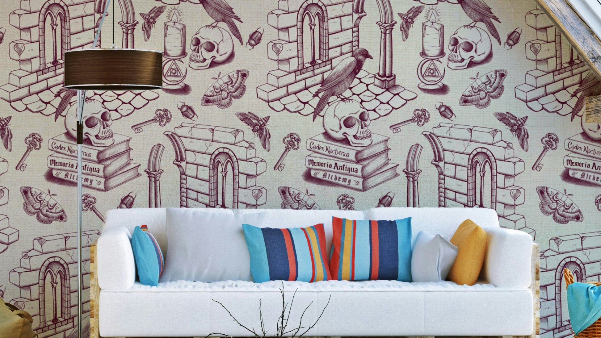 Dark Academia Toile de Jouy - Burgundy wallpaper for classic decor

