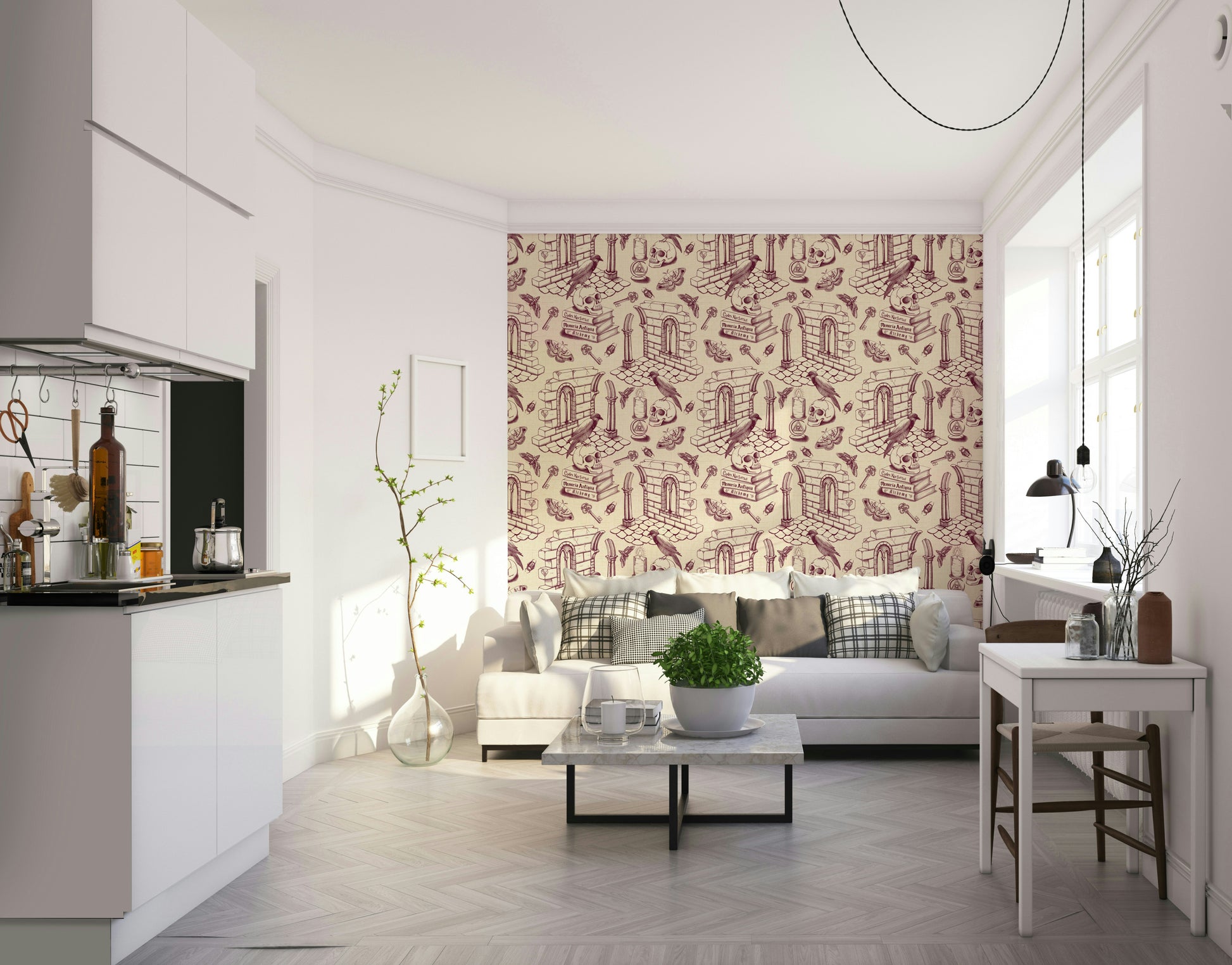 Elegant Burgundy Toile de Jouy wallpaper for dark academia style

