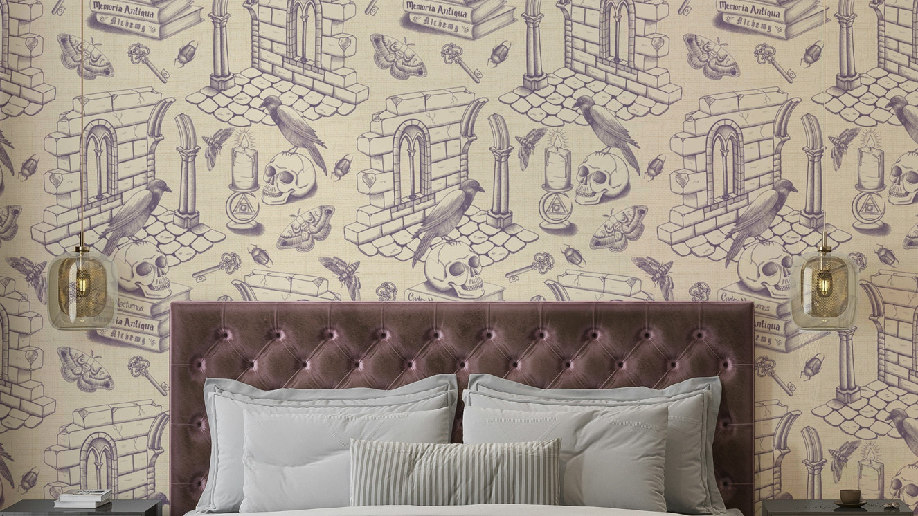 Grey purple wallpaper with antique-inspired toile pattern

