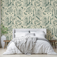 Classic toile wallpaper for walls in ivy green tones

