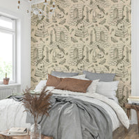Wallpaper mural with olive green background and fine lines

