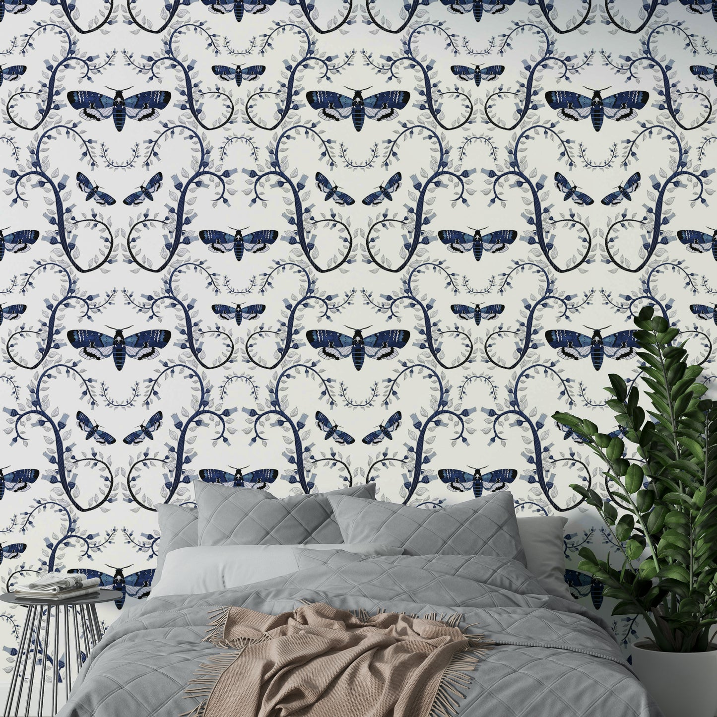 Deep-toned wall mural with vines and moths

