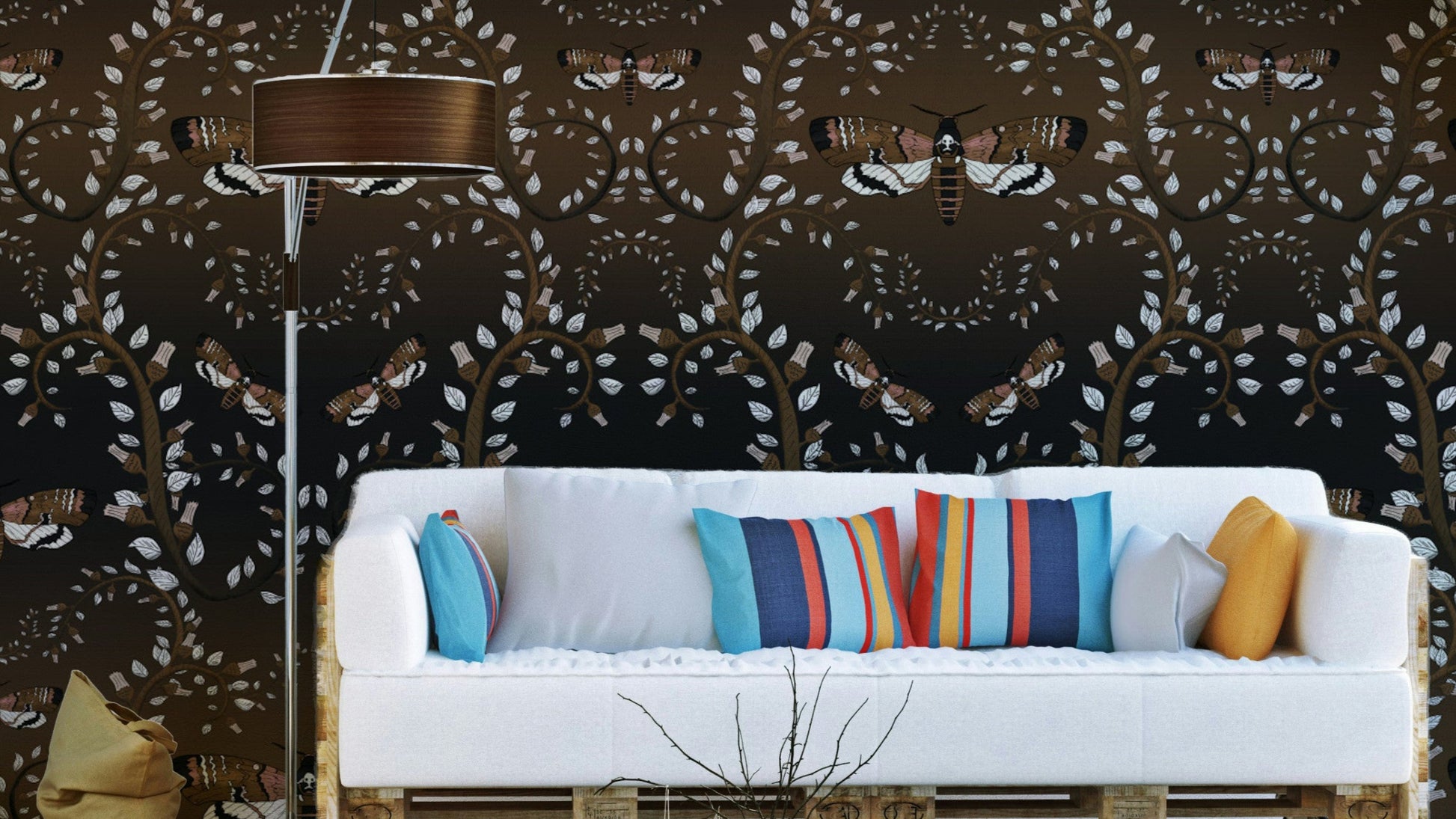 Gothic Moth Vines wallpaper with earthy tones

