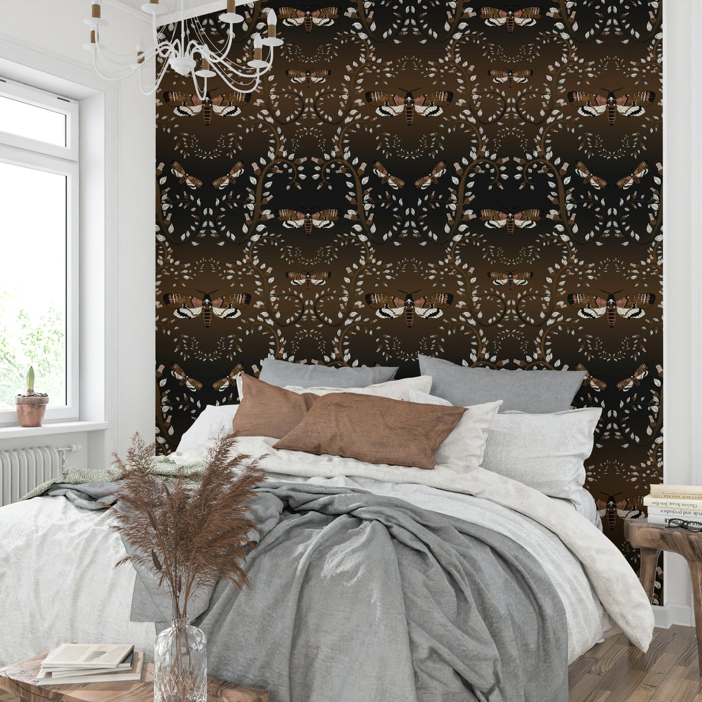 Wall mural of vines and moths in brown and grey

