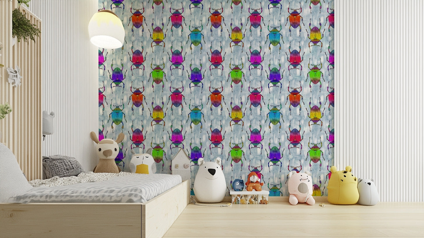 Playroom featuring Rainbow Bugs Blue wallpaper

