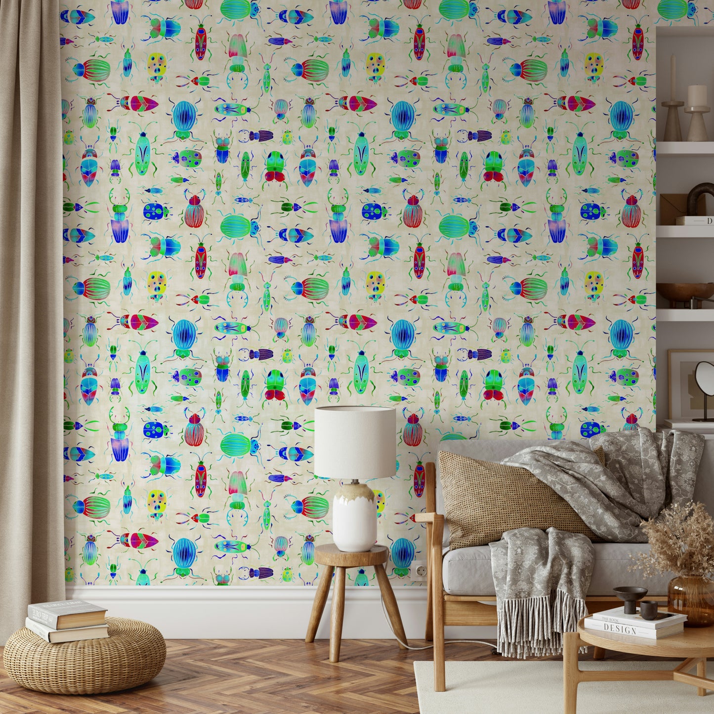 Blue pearl mural wallpaper with creative bug design

