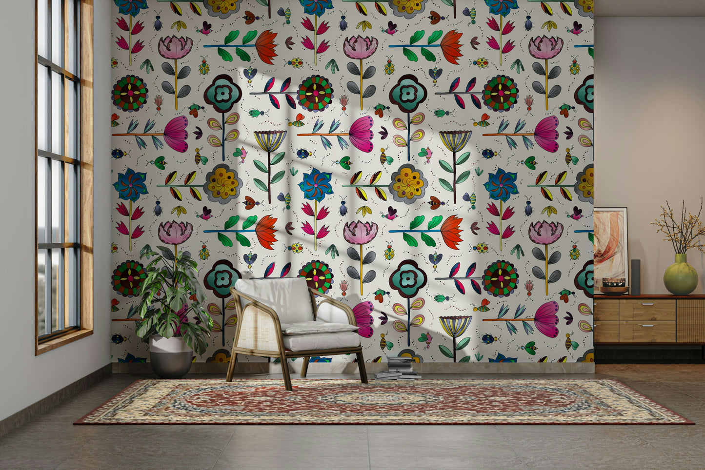 Delicate garden scene wallpaper in white tones

