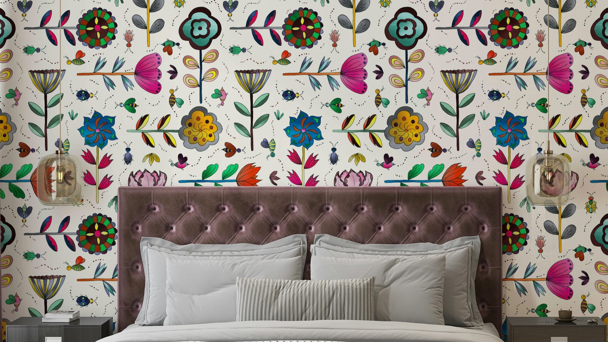 Insects and Flowers white wallpaper with fine detail

