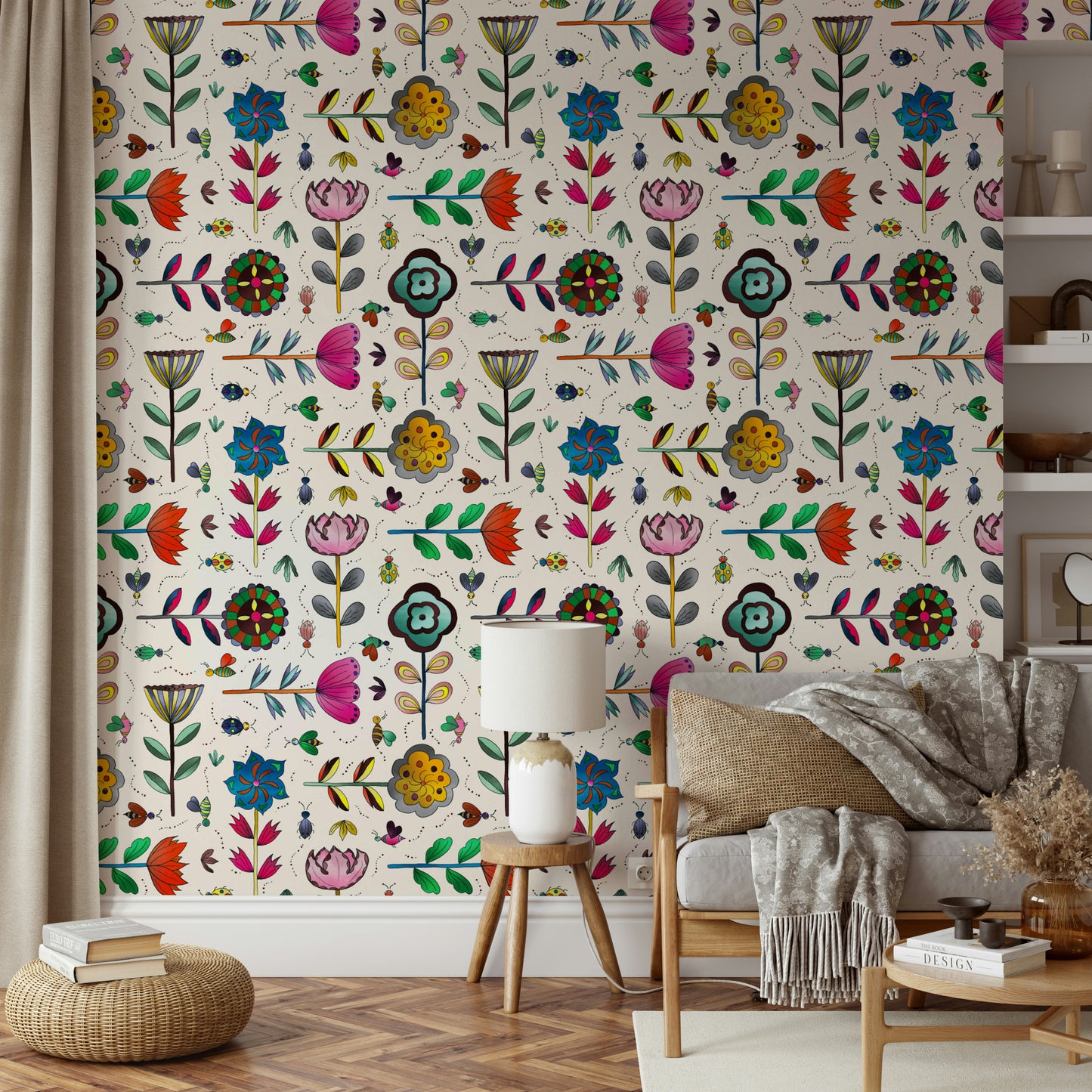 Floral wallpaper with small flying insects

