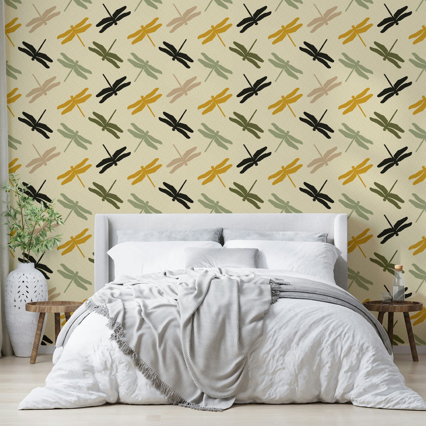 Warm-toned wallpaper with dragonfly design

