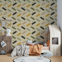 Mustard tone wallpaper with dragonfly pattern

