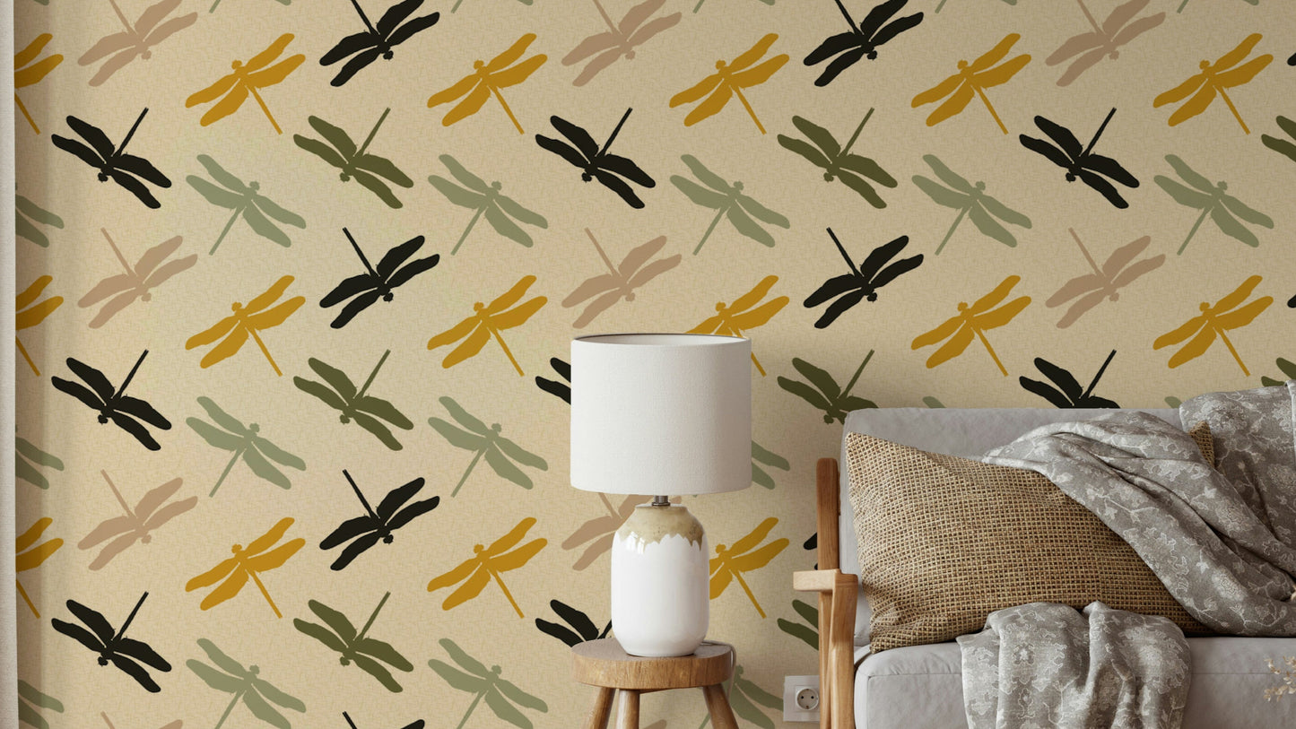 Mural wallpaper with dragonflies on warm green


