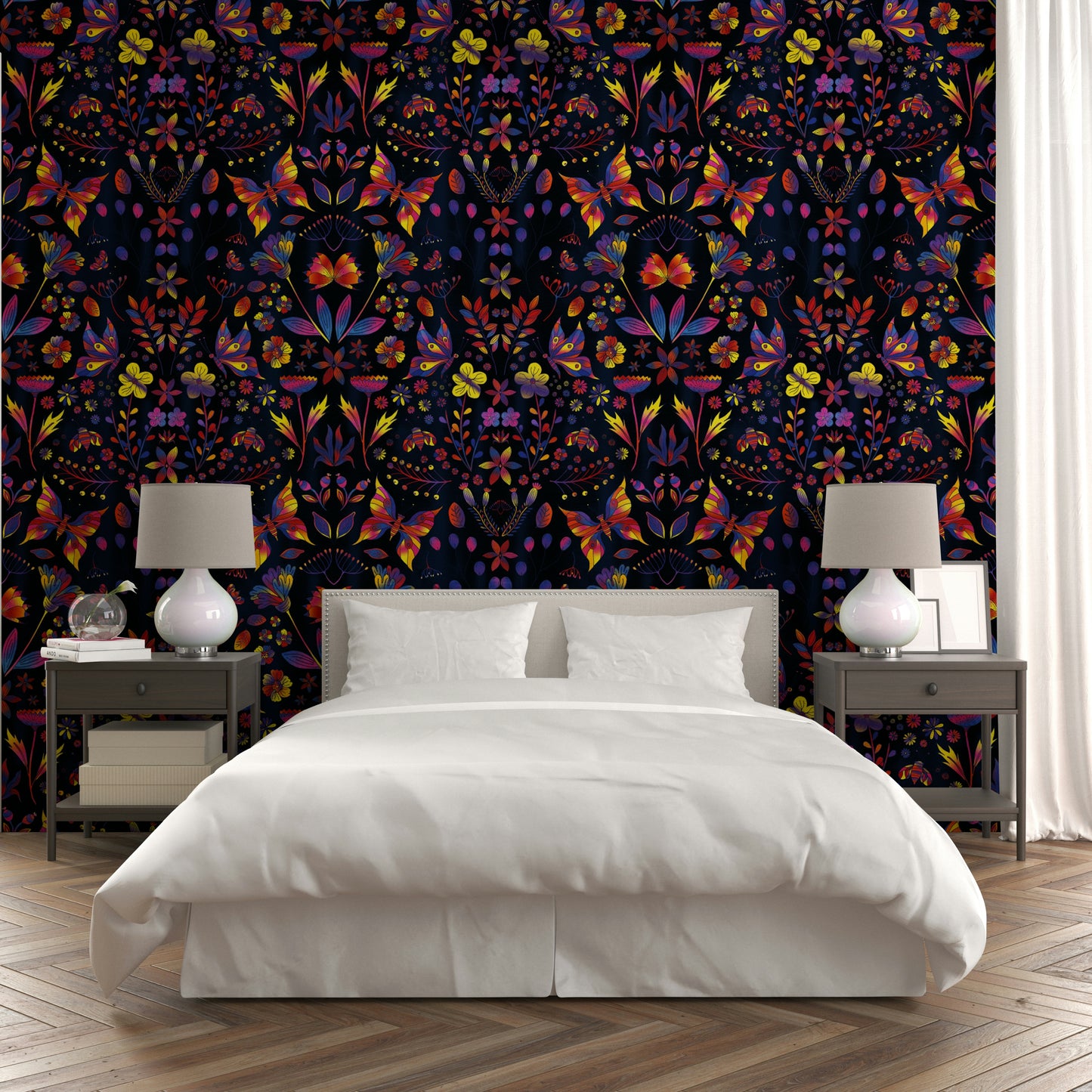 Metallic-accented mural wallpaper with wildflowers

