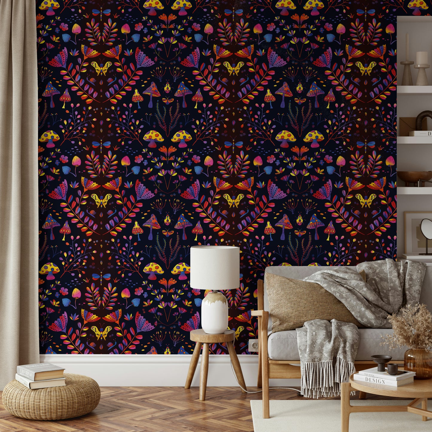 Cozy room with whimsical mural wallpaper

