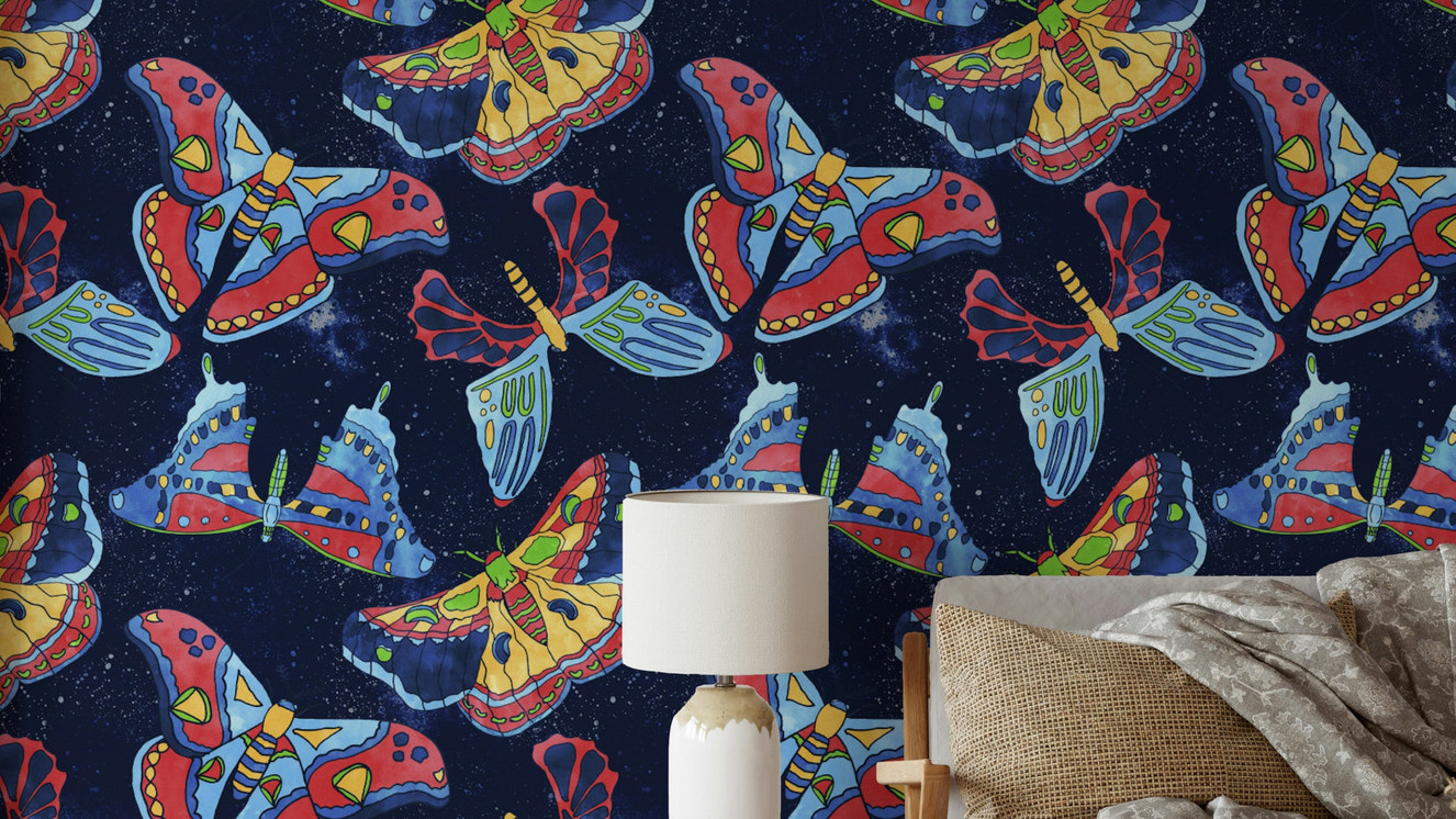 Wall mural with moths and star constellations

