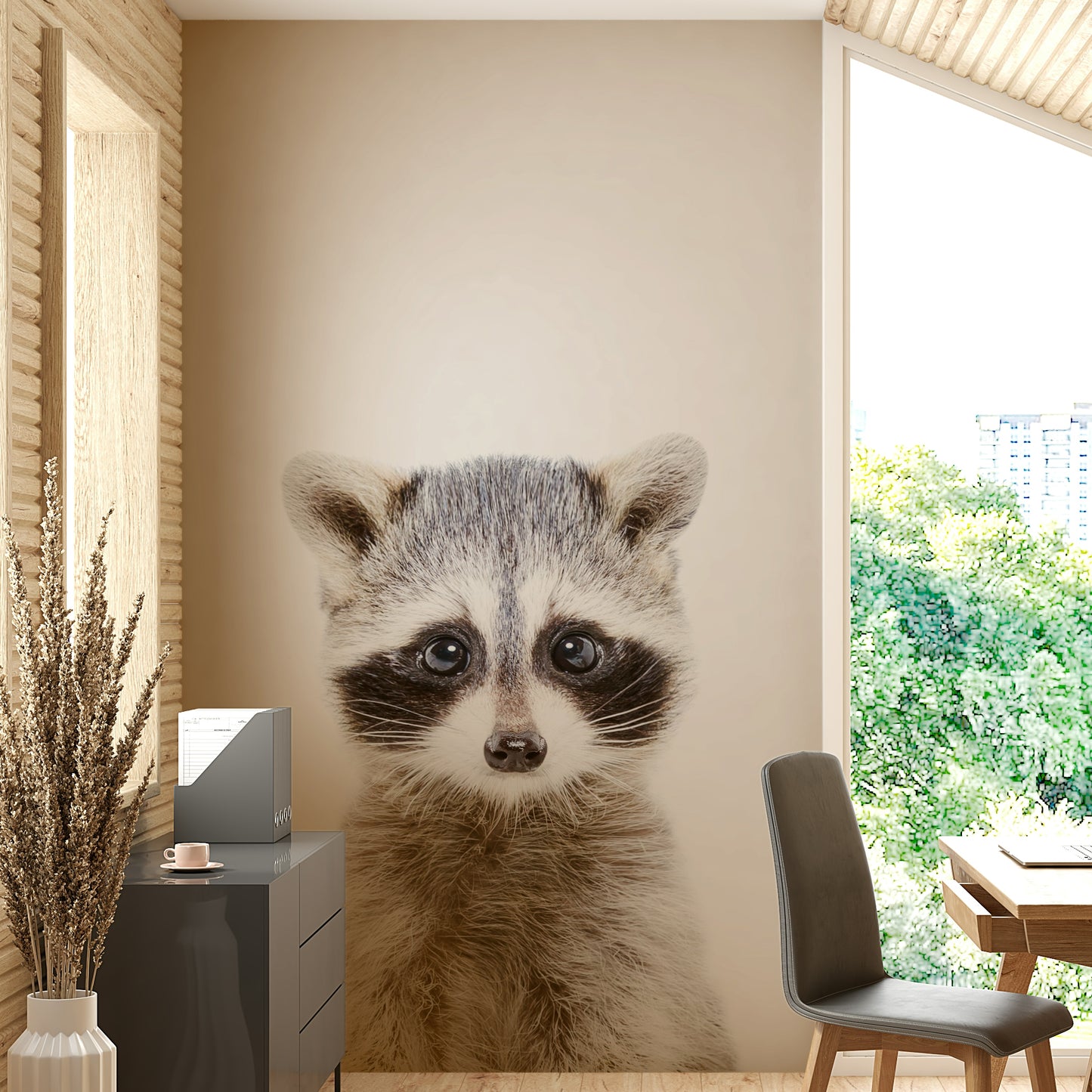 Nursery with cute raccoon wallpaper for walls

