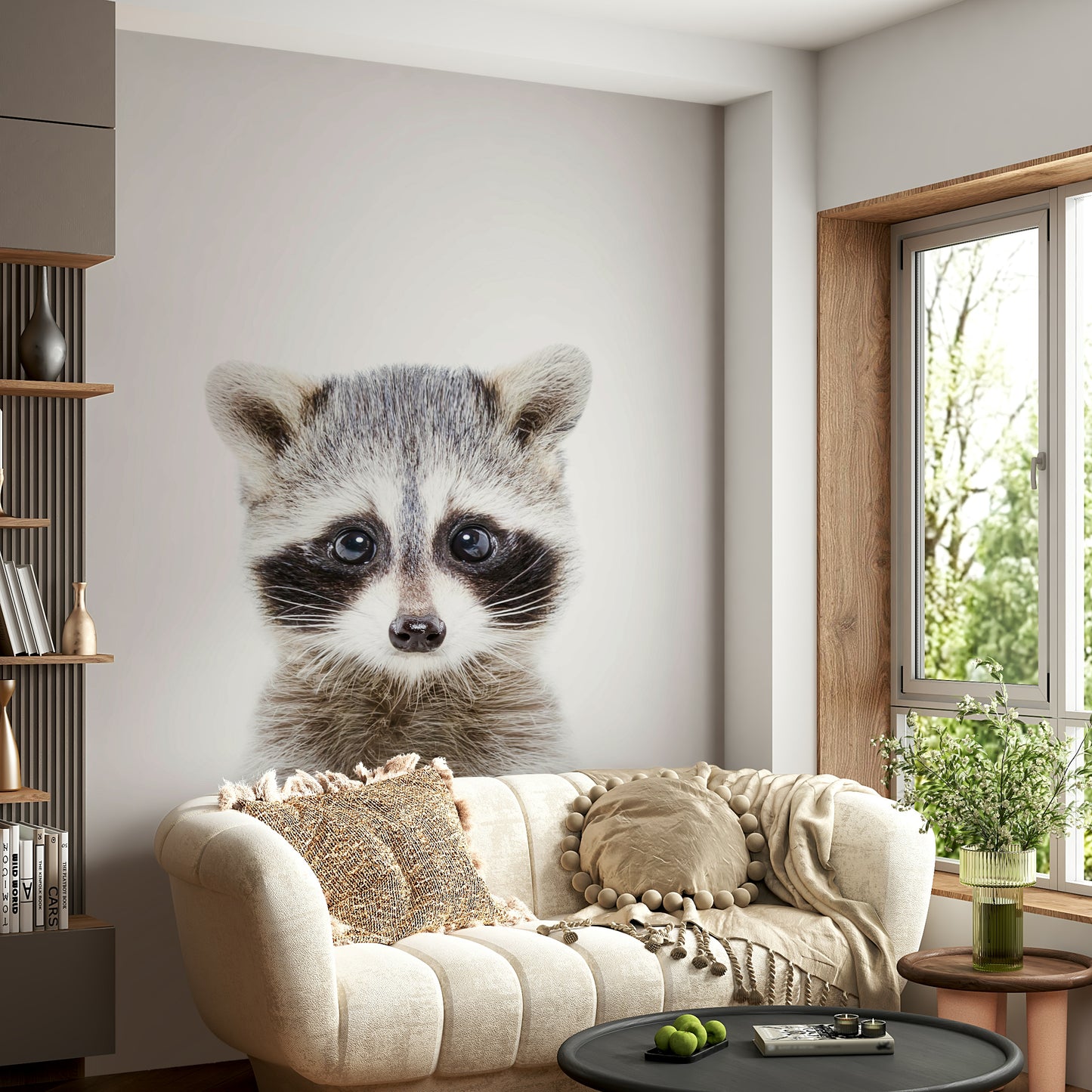 Raccoon-themed nursery wall with mural wallpaper

