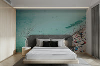 Beach People Wall Mural featuring vibrant beachgoers and surf.


