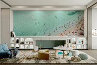 Beachgoers and surf in the Beach People wall mural design.

