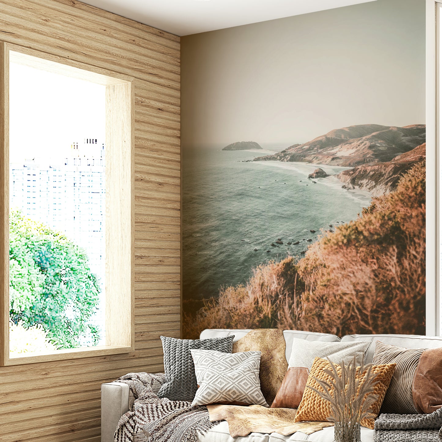Peaceful Big Sur coastline wall mural with ocean and sky.

