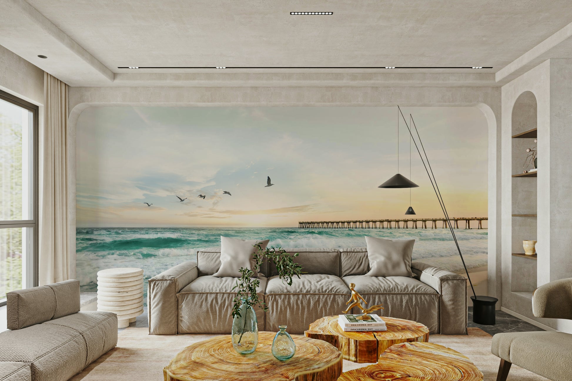 Soft sunset tones in Serene Sunset Seascape wall mural.

