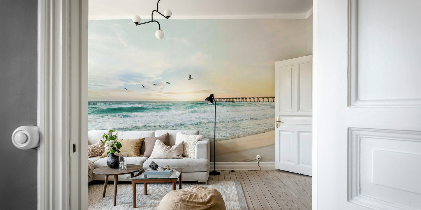 Tranquil Serene Sunset Seascape wall mural for a peaceful atmosphere.

