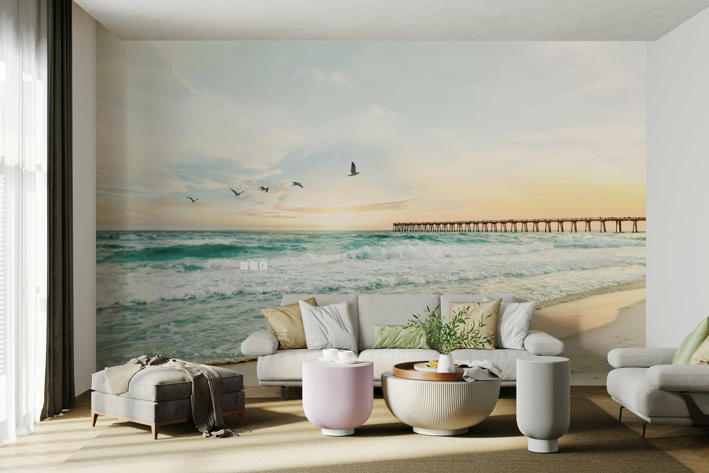 Peaceful Serene Sunset Seascape mural for a calming room ambiance.

