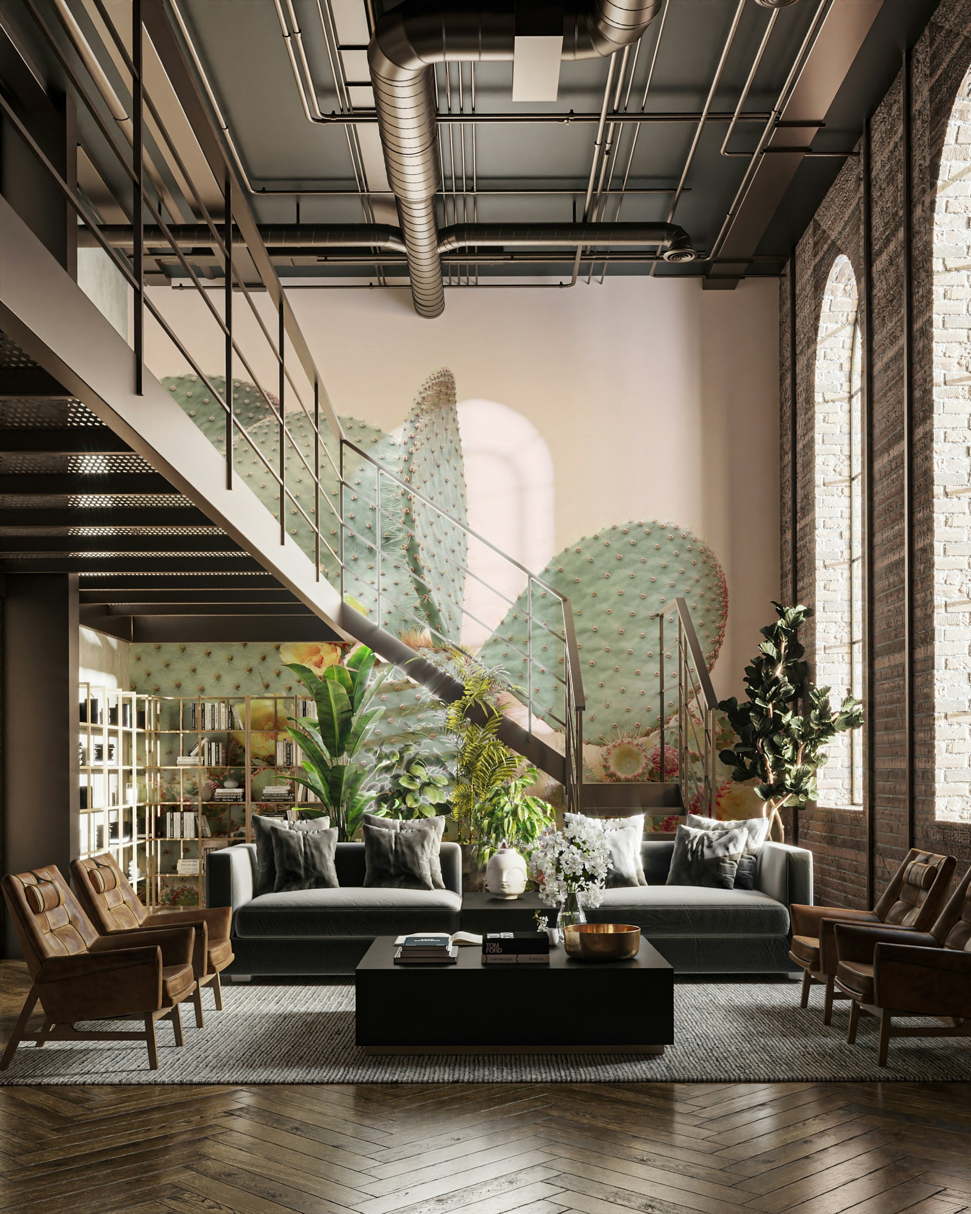 Desert-inspired wall mural with vibrant cactus and flowers.

