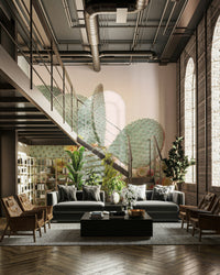 Desert-inspired wall mural with vibrant cactus and flowers.

