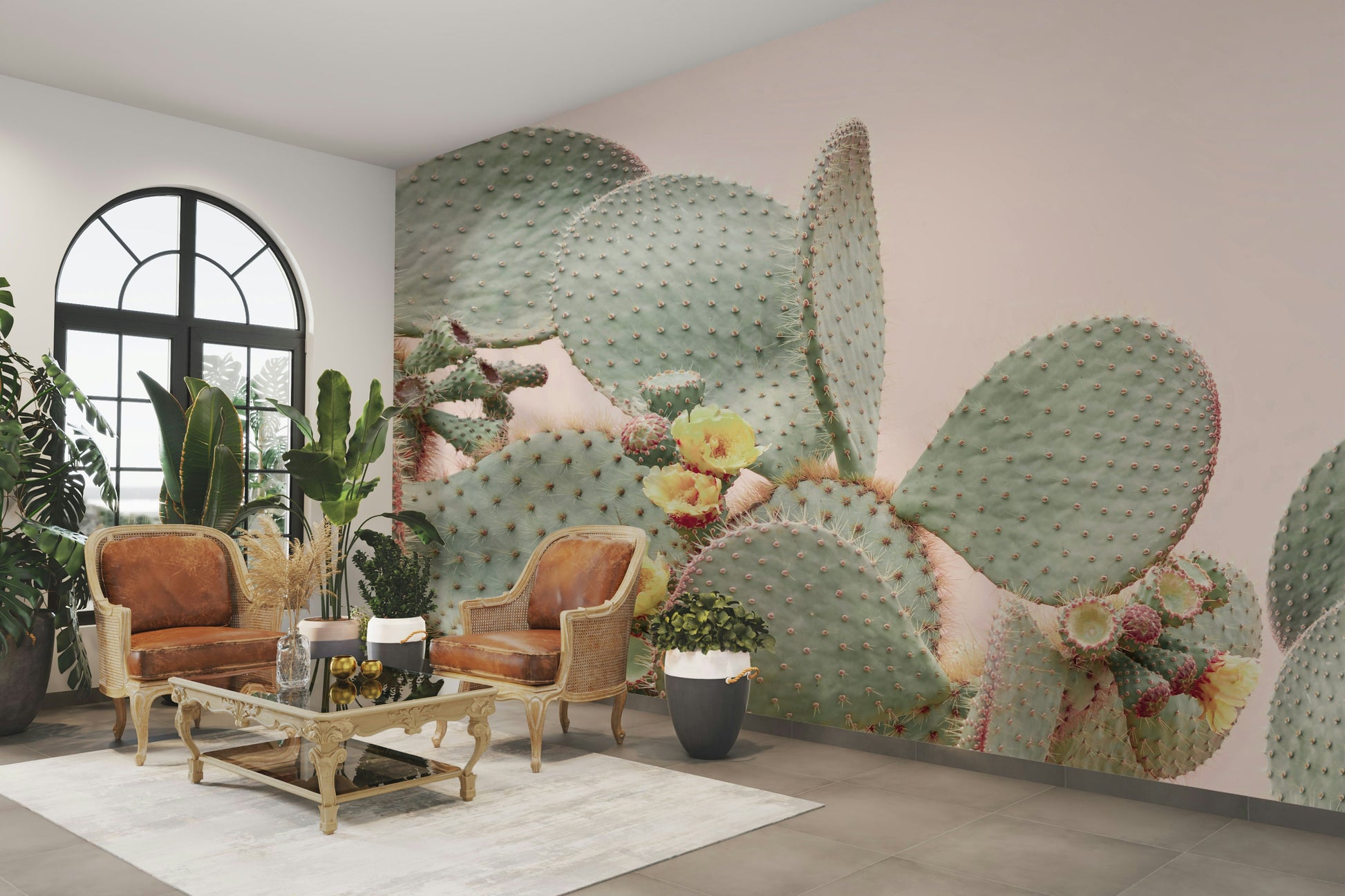 Soft pastel cactus and floral mural for a refreshing room vibe.


