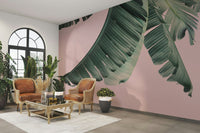 Modern interior with playful banana and blush wallpaper

